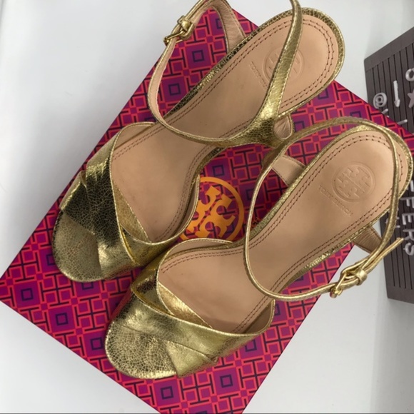 Tory Burch Shayley Mirror Gold Craquelee Heeled Sandal Shoes Size 10.5 - Picture 2 of 8